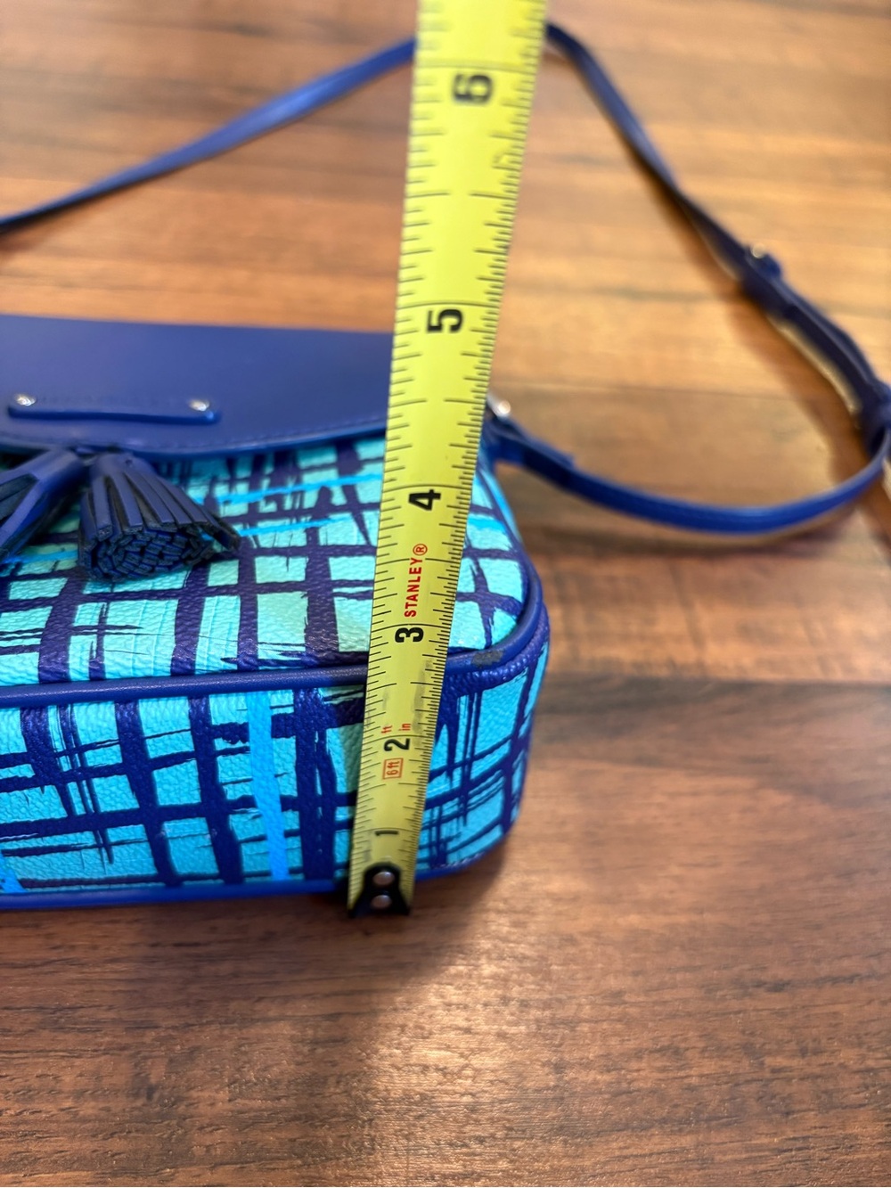 VERA BRADLEY Tassel Crossbody Purse Navy Teal Art Plaid Faux Leather - Picture 9 of 10